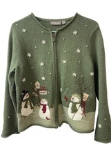 Croft &amp; Barrow Womens M Green Snowman Embroidered Zip Up Cardigan Granny... - $16.37