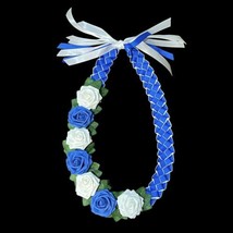 Graduation Lei Flower Blue &amp; White Roses Flowers Four Braided Ribbons - £38.26 GBP