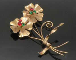 CORO 925 Sterling Silver - Vintage Green &amp; Red Topaz Flowers Brooch Pin - BP5876 - £75.30 GBP