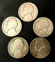 2-1942, 3-1945 PDS Silver Wartime Jefferson Nickels (five) AA20-7434 Vintage - £70.75 GBP