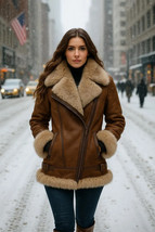 Women&#39;s Brown Shearling Leather Long Jacket with Fur Collar – Handmade W... - $5,242.03 MXN+