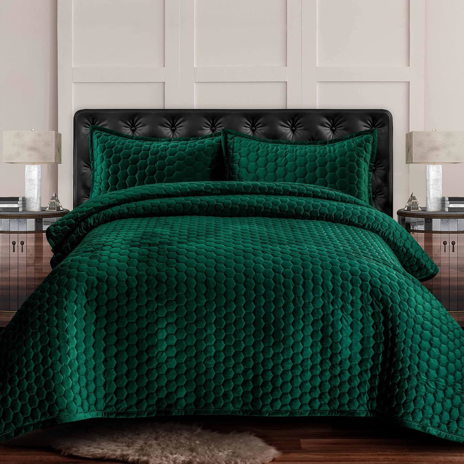 Tribeca Living Velvet Queen Quilt, Three-Piece Honeycomb Stitch Bedding Set Incl