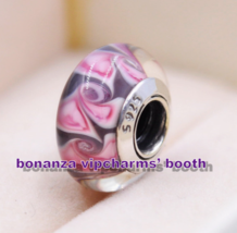 925 Sterling Silver Handmade Glass Lampwork Pink Murano Glass Charm Beads  - $6.60