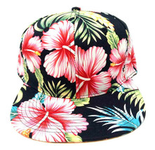 Black Hibiscus Hawaiian Floral Print Snapback Hat Cap Flower Flat Bill Retro Nwt - £6.79 GBP