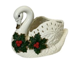 Ceramic Swan Ivory Planter Holly Berry Leaves Gold Trim Christmas Handpainted - £16.10 GBP