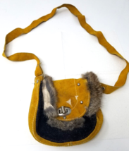 Mexican Children Leather Fur Sling Purse Pack Yellow Black Handmade Vint... - $18.95