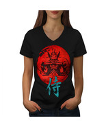 Wellcoda Japan Art Warrior Womens V-Neck T-shirt, Asian Graphic Design Tee - £16.11 GBP