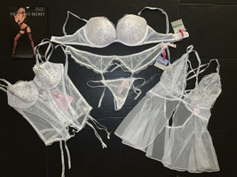 Victoria&#39;s Secret 34C BRA SET+garter slip/CORSET+BABYDOLL white silver I... - $296.99