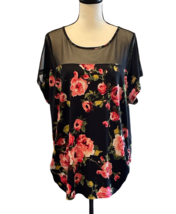 Love J Womens Sheer Blouse Size 3X Black Floral Print Roush Sides Short ... - £17.26 GBP