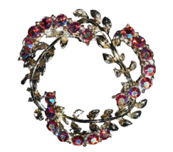 Vintage Red AB Rhinestone Pin Brooch Circle Wreath 2 Inches Gorgeous - $17.09