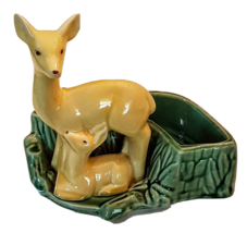 SHAWNEE POTTERY Planter 6&quot; Yellow Doe &amp; Fawn Deer Green Curved Dish Vintage #669 - £15.50 GBP