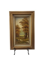 Vintage Nature Forest Lake Scene Oil Painting on Canvas Framed Signed by... - $49.45