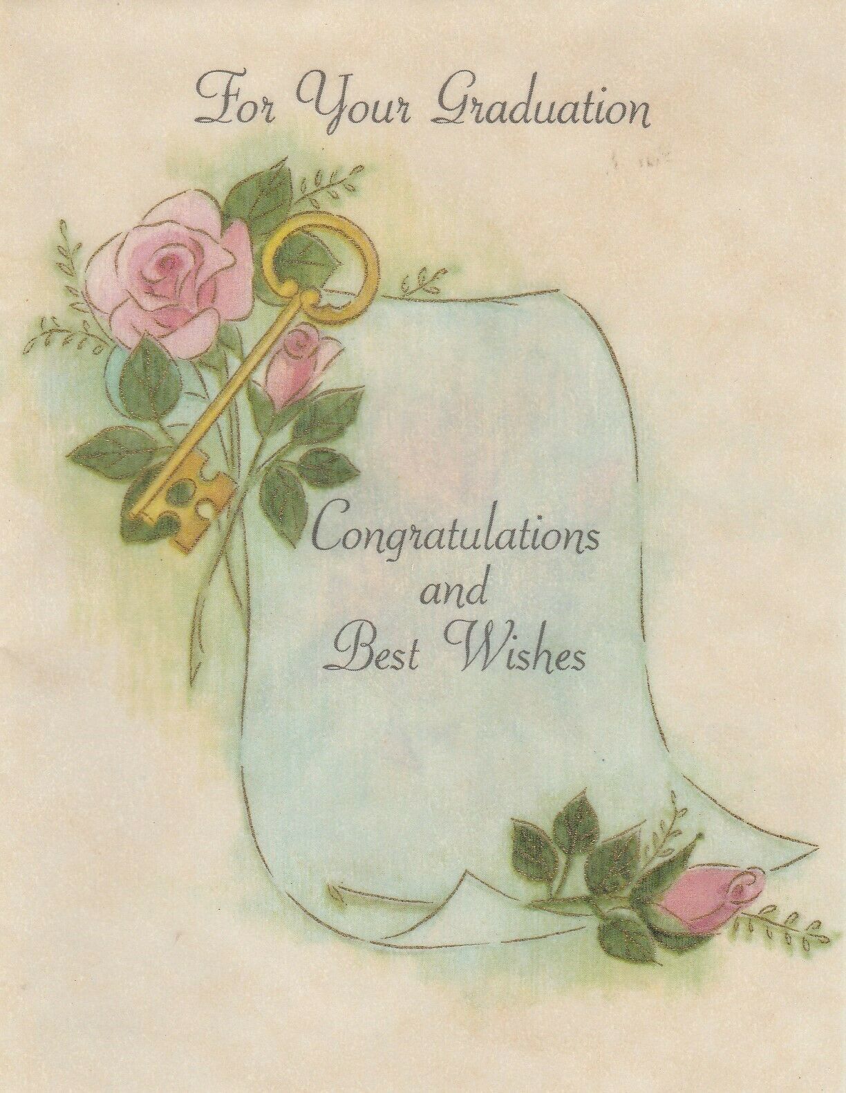 Primary image for Vintage Graduaton Card Key Pink Roses Unused Hallmark