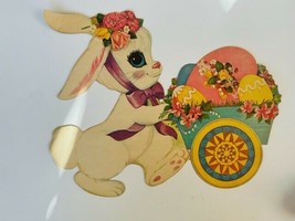 Easter Decoration Vtg Antique Bunny Rabbit anthropomorphic 16X12 cart eggs roses - $29.65