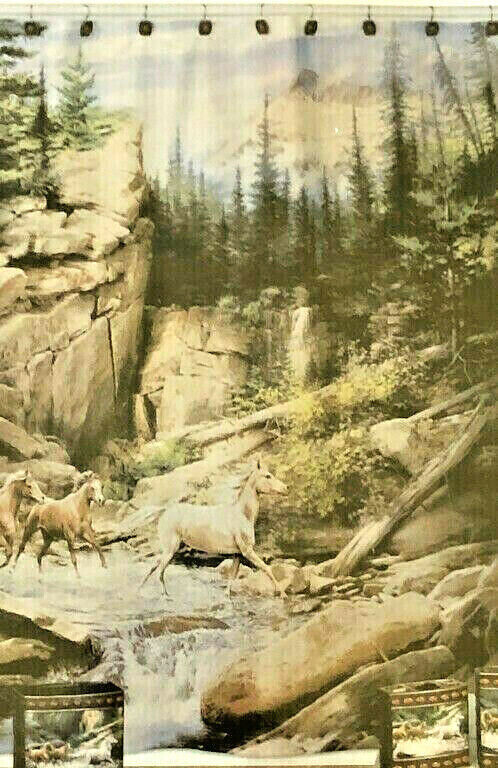 Horse Canyon Fabric Shower Curtain Horses Rustic Cabin Ranch Camp Lodge  - $36.14
