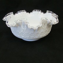 Vintage Fenton 9.5&quot; Milk Glass Spanish Lace Silver Crest Ruffled Art Glass Bowl - £35.30 GBP