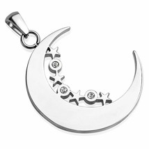 Moon Stars Necklace Womens Stainless Steel Crescent Pendant Cubic Zirconia - £12.78 GBP