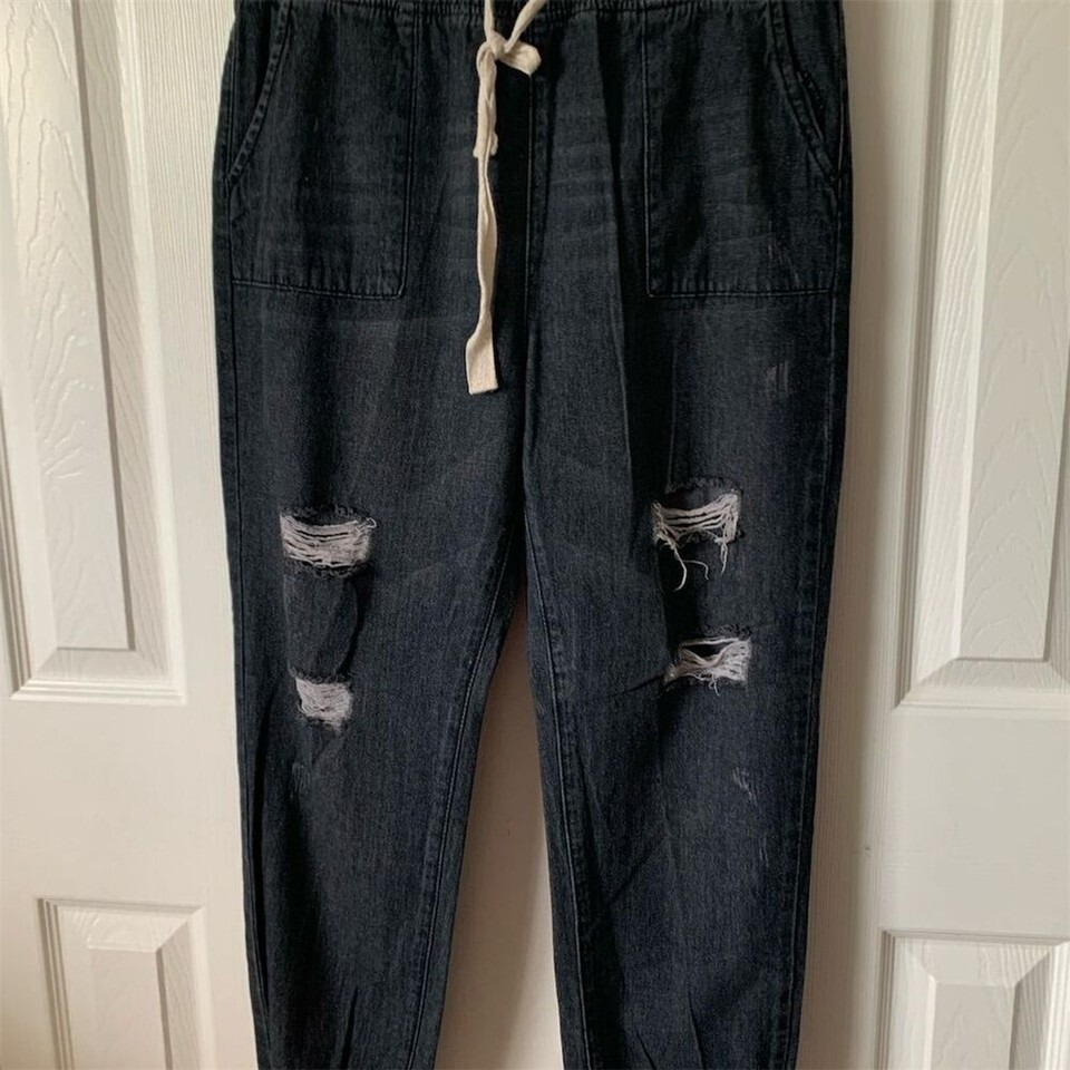 Mittoshop Women&#39;s Black Ripped Denim Joggers Size M Casual Pants - $24.75