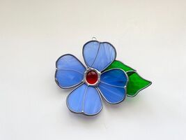 Vintage TIFFANY Stained Glass BLUE Flower Suncatcher READ - $16.78