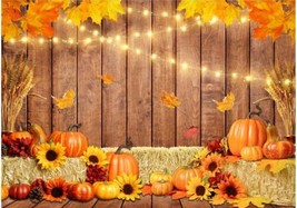 7&#39;x5&#39; Fall Photography Backdrop Autumn Pumpkin Barn Hay Bales Lights Sunflowers - £7.76 GBP