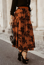 Gold Flame Floral Leaves Embroidered High Waist Maxi Skirt - $304.73 MXN
