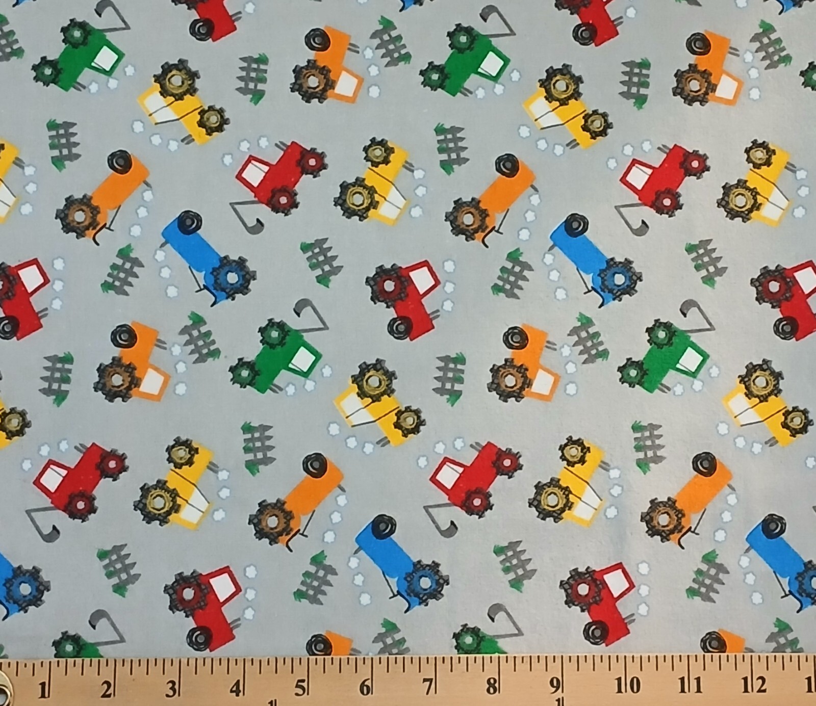 Flannel Tossed Trucks Tractors Gray Comfy Prints Flannel Fabric by Yard ... - $9.95