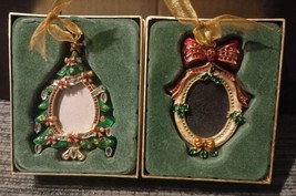 2  Enamel Metal Christmas Tree Ornaments Photo Frame  Rhine Stone Accents  - £7.66 GBP