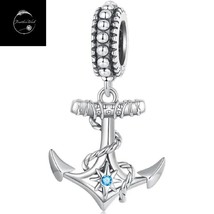 Genuine Sterling Silver 925 Anchor Ship Boat Sailing Dangle Charm With Blue CZ - £17.80 GBP
