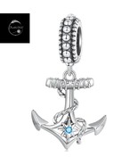 Genuine Sterling Silver 925 Anchor Ship Boat Sailing Dangle Charm With Blue CZ - $22.33