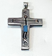 925 Sterling Silver Vintage TAXCO Mexico Onyx Turquoise Cross Crucifix Pendant - £155.58 GBP