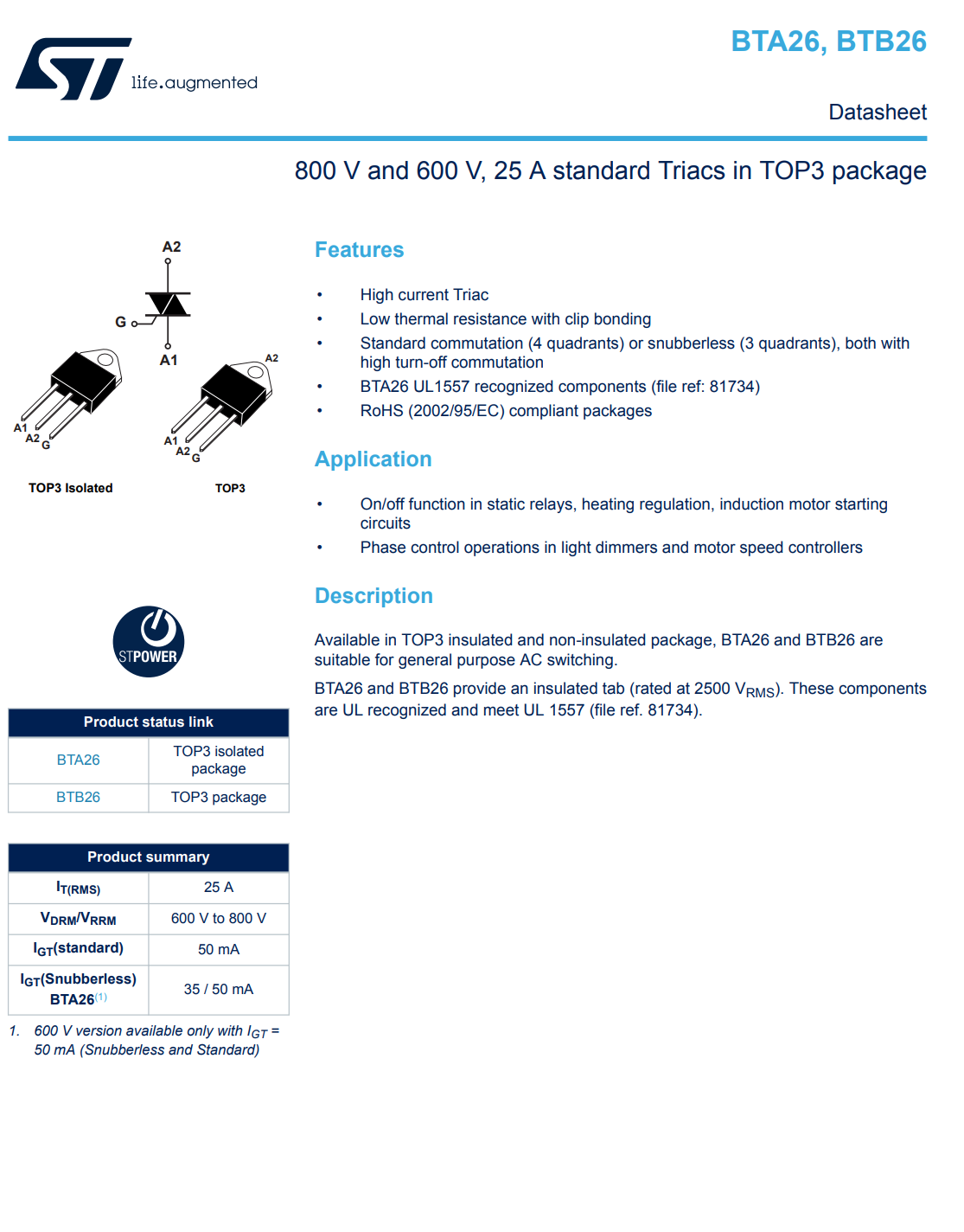6PCS BTA26-600BRG BTA26-600B STMicroelectronics Triac 600V 25A TOP3 Insulated Item image 2