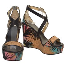 Jimmy Choo Black Leather and Palm Embroidered Cork Portia Wedge Sandals ... - $222.75