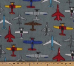 Multicolored Airplanes Flying Gray Grey Fleece Fabric Print by the Yard A332.04 - £23.97 GBP