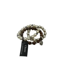 3 pack Beaded Stretch Bracelets Pearl and Brown Heart Charm - £15.81 GBP