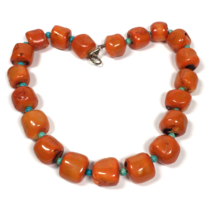 Chunky Coral Bead Necklace Southwest Turquoise Spacers - Sterling Clasp 17&quot; - £149.45 GBP