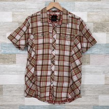 PrAna Zoltan Slim Shirt Red Brown Plaid Casual Organic Cotton Mens Medium - $24.74