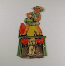 Vintage 1940&#39;s Valentine Card Girl Watering Can Dog Mechanical  6 1/8&quot; x 2 1/4&quot; - £3.84 GBP