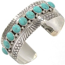 Navajo Turquoise Row Bracelet 9 Stone Sterling Silver Cuff by T Ahasteen s6.5-7 - £281.35 GBP