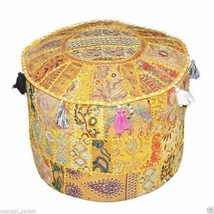 Yellow Vintage Patchwork Ottoman Cover Round Foot Chair 22x14 Inch Foot Rest - £22.56 GBP