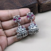 Cute Dangle Indian Jhumka Style Real Silver Pink White CZ Earrings - £52.75 GBP