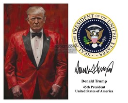 President Donald Trump In Red Suit Presidential Seal Autographed 8X10 Ai Photo - £6.76 GBP