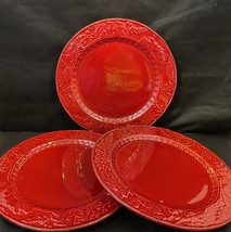 Fall Party 3 Red Stoneware Dinner Plates 10.75&quot; Fall Leaves on Rims - £27.11 GBP