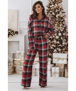 Red Christmas Checkered Pattern Loose Shirt and Pants Lounge Set - $699.03 MXN