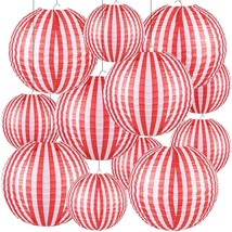 12 Pcs Carnival Circus Decorations Red And White Stripes Paper Lanterns Chinese  - £30.67 GBP