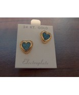 24 KT Gold Electroplate Earrings Turquoise Heart Small Pierced - $18.30