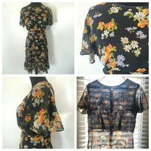 Vintage Day Dress size M L Black Orange Semi Sheer Floral Ruffle See Thr... - $34.95