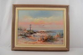 Lighthouse Seascape Art Sunset Sunrise Beach Scene Seagulls Grasses Vtg Factory - £91.72 GBP