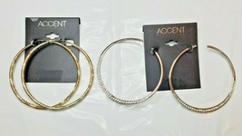 Accent Accessories Hoop Earrings Gold &amp; Silver W Rhinestones 2 Pair 3 Inch - £10.67 GBP