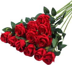 Hawesome 12Pcs Artificial Silk Flowers Realistic Roses Bouquet Long Stem... - $27.99