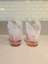Vintage 70s set of 2 Color Base (pink) with etched flower cocktail glasses image 1
